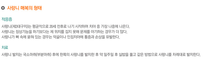 사랑니 매복의 형태
적응증
사랑니(제3대구치)는 평균적으로 20세 전후로 나기 시작하며 치아 중 가장 나중에 나온다. 
사랑니는 정상기능을 하기보다는 제 위치를 잡지 못해 문제를 야기하는 경우가 더 많다.
사랑니가 벼 속에 묻혀 있는 경우는 악골이나 인접치아에 통증과 손상을 유발한다.

치료
사랑니 발치는 국소마취(부분마취) 후에 한쪽의 사랑니를 발치한 후 약 일주일 후 실밥을 풀고 같은 방법을 HSKAJ지 사랑니를 차례대로 발치한다.
최근에는 전신마취 하에 무통의 1회 수술로 시술 받을 수도 있다